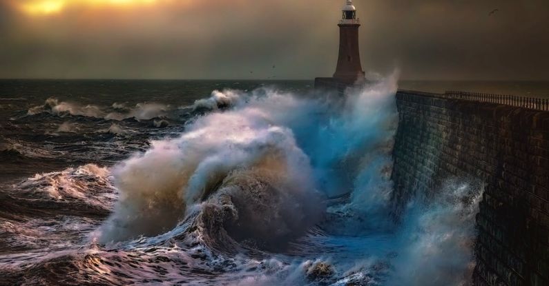 Seedling Storm - A lighthouse and waves crashing against a wall