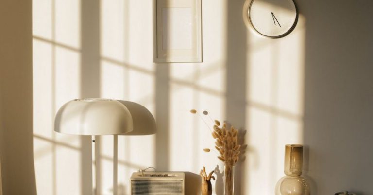 Clock Plant - Light room with retro radio and decorative vases with dry plants on desk near wall with clock and window shadow in sunlight